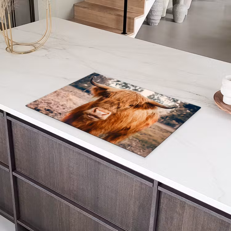 Koe- Schotse hooglander - Hoorns - Bruin - Landschap Inductie beschermer vinyl 3mm klein -sfeer8