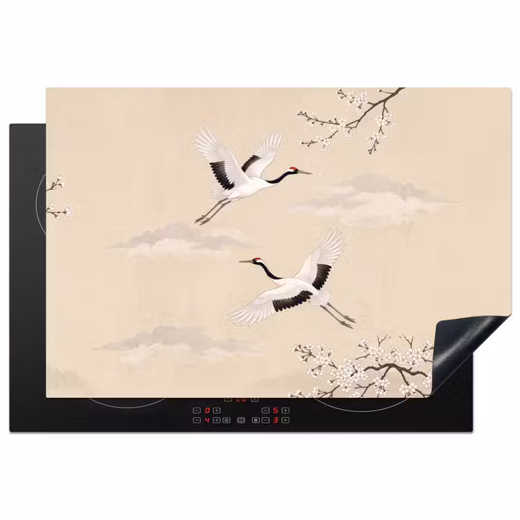 Kraanvogels - Bloesem - Beige Inductie beschermer vinyl 3mm klein -3d
