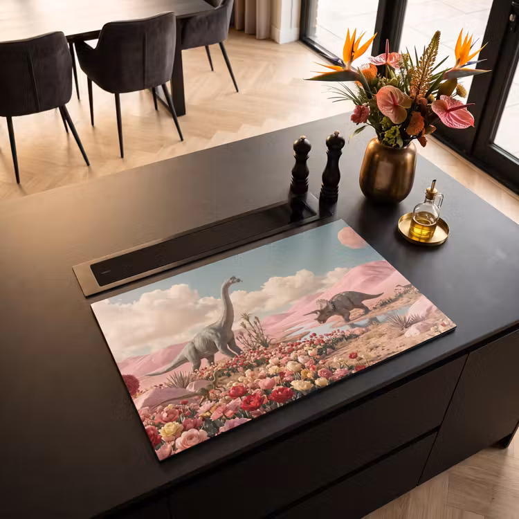 Induction Hob Cover - Dinosaur - Pink - Landscape - Dinosaurus - Roze - Landschap Inductie beschermer vinyl 3mm klein