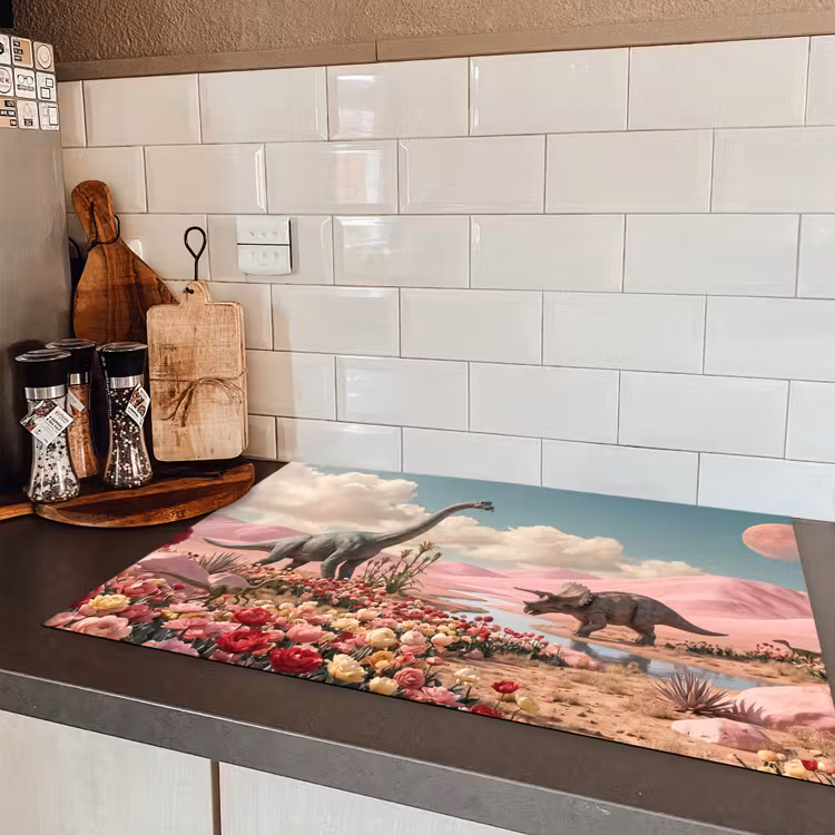 Induction Hob Cover - Dinosaur - Pink - Landscape - Dinosaurus - Roze - Landschap Inductie beschermer vinyl 3mm klein