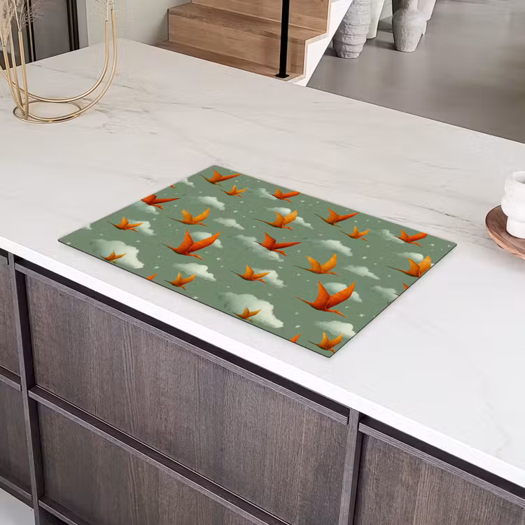 Dinosaurussen - Wolken - Sterren - Oranje Inductie beschermer vinyl 3mm klein -sfeer8