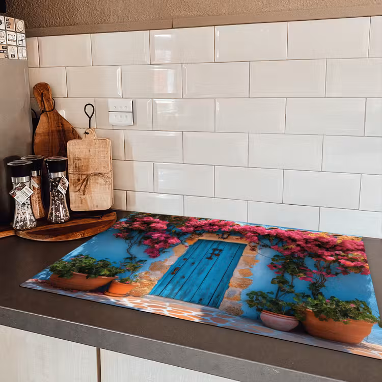 Deur - Hout - Bloemen - Blauw Inductie beschermer vinyl 3mm klein -sfeer3
