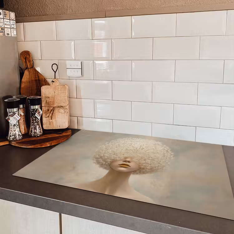 Dromerig - Beige - Paardenbloemzaadjes Inductie beschermer vinyl 3mm klein -sfeer3