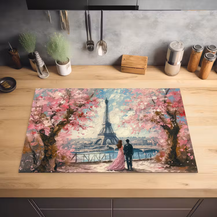 Eiffeltoren - Koppel - Roze - Romantisch - Bomen - Parijs Inductie beschermer vinyl 3mm klein -sfeer5