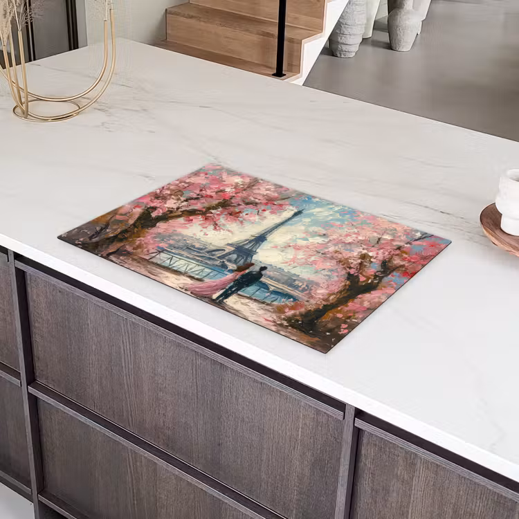 Eiffeltoren - Koppel - Roze - Romantisch - Bomen - Parijs Inductie beschermer vinyl 3mm klein -sfeer8