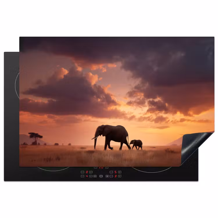 Olifanten - Grasland - Zonsondergang Inductie beschermer vinyl 3mm klein -3d