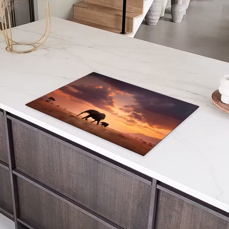Olifanten - Grasland - Zonsondergang Inductie beschermer vinyl 3mm klein -sfeer8