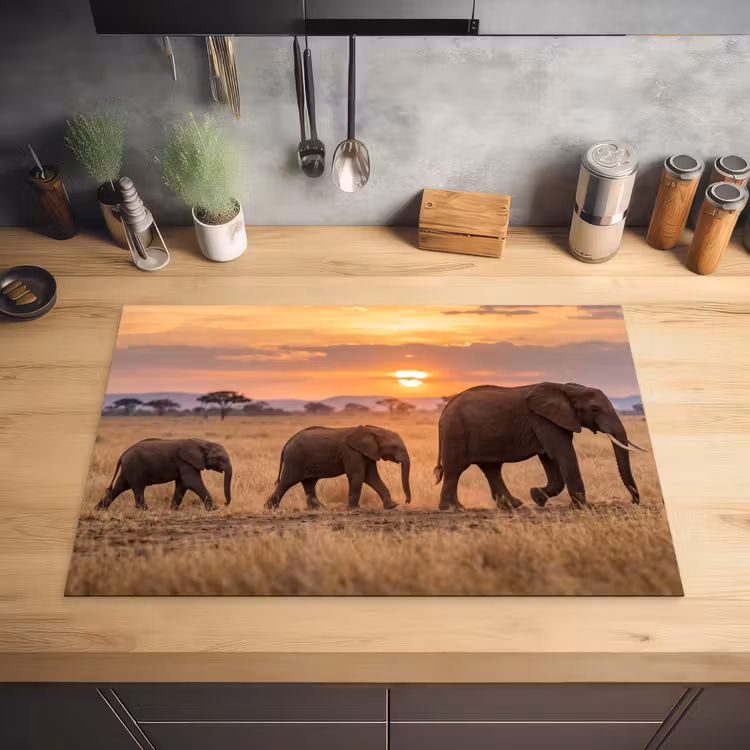 Olifanten - Savanne - Zonsondergang - Afrika - Warm Inductie beschermer vinyl 3mm klein -sfeer5