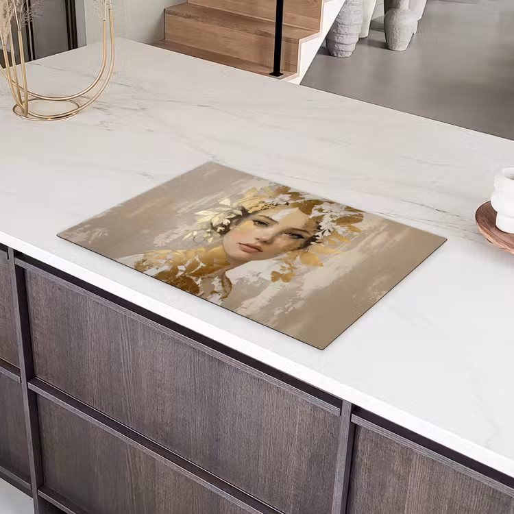 Gezicht - Vrouw - Bladeren - Goud Inductie beschermer vinyl 3mm klein -sfeer8