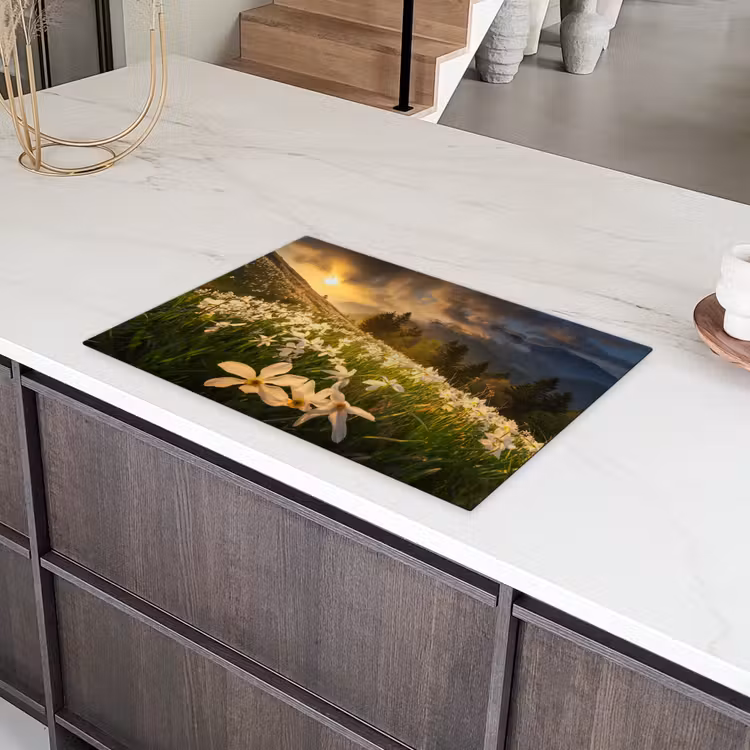 Bloemenveld - Heuvels - Zonsondergang - Berg - Natuur - Wit - Heuvels Inductie beschermer vinyl 3mm klein -sfeer8