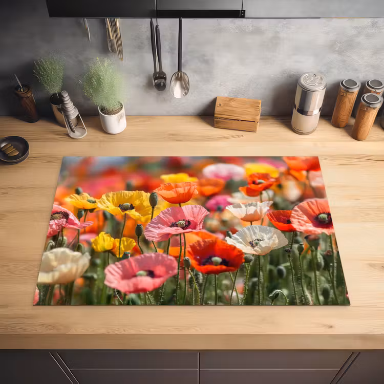 Bloemenveld - Klaprozen - Kleurrijk Inductie beschermer vinyl 3mm klein -sfeer5