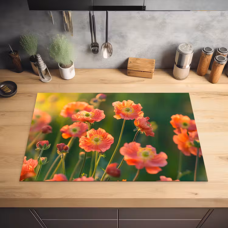 Bloemenveld - Zonnestralen - Oranje Inductie beschermer vinyl 3mm klein -sfeer5