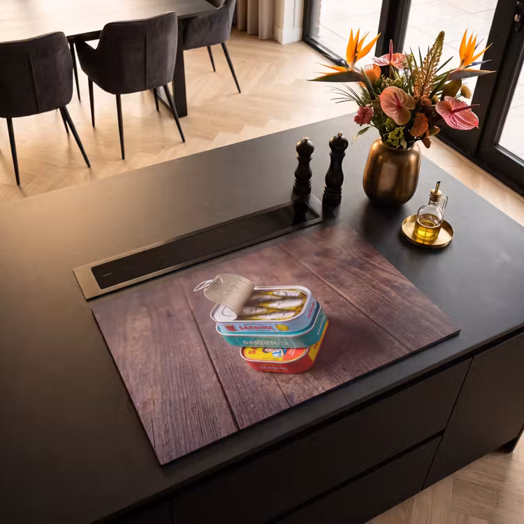 Induction Hob Cover - Fish - Cans - Kitchen - Vis - Blikjes - Keuken Inductie beschermer vinyl 3mm klein
