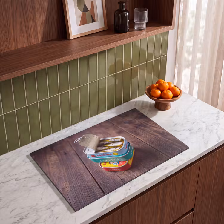 Induction Hob Cover - Fish - Cans - Kitchen - Vis - Blikjes - Keuken Inductie beschermer vinyl 3mm klein