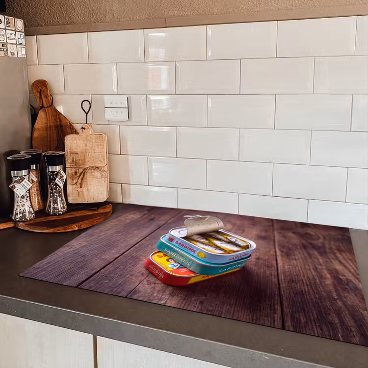 Induction Hob Cover - Fish - Cans - Kitchen - Vis - Blikjes - Keuken Inductie beschermer vinyl 3mm klein