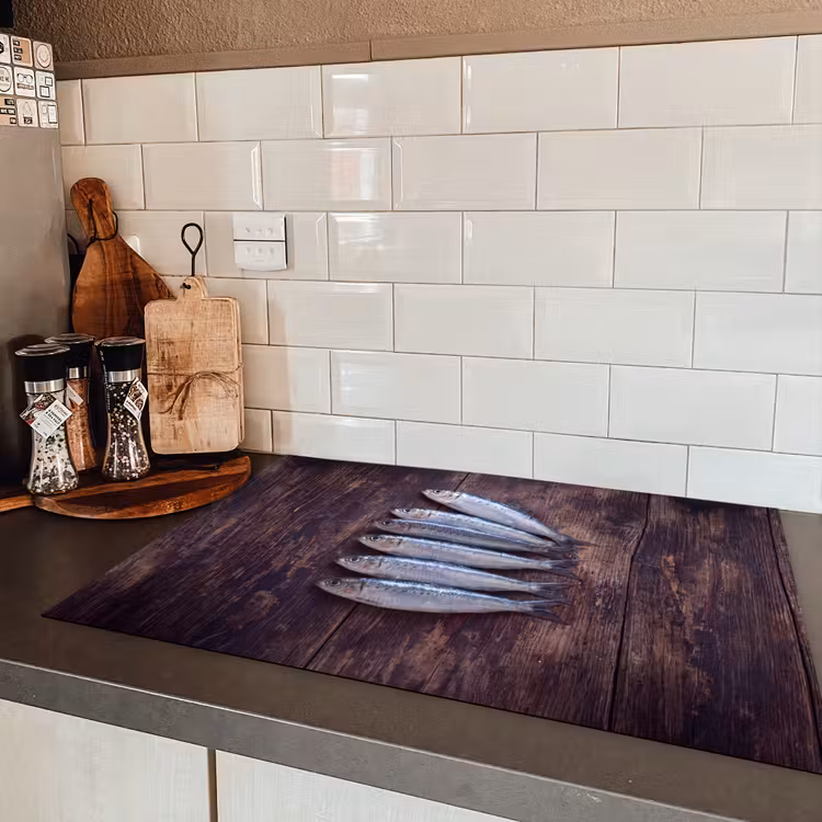 Induction Hob Cover - Fish - Wood - Food - Vis - Hout - Eten Inductie beschermer vinyl 3mm klein