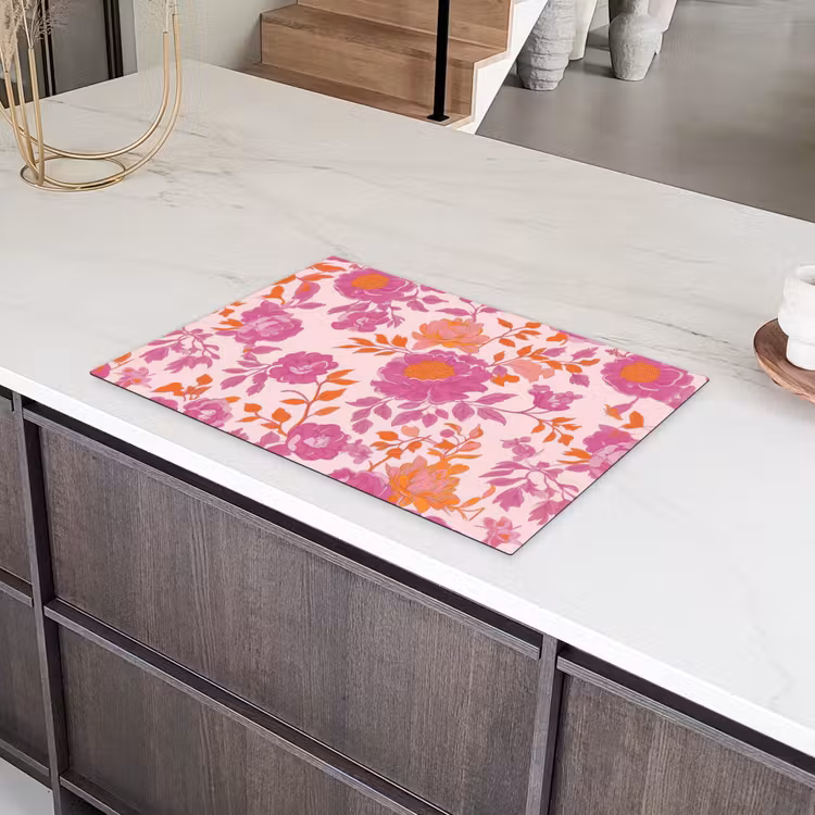 Bloemenpatroon - Roze - Oranje - Bloemen Inductie beschermer vinyl 3mm klein -sfeer8