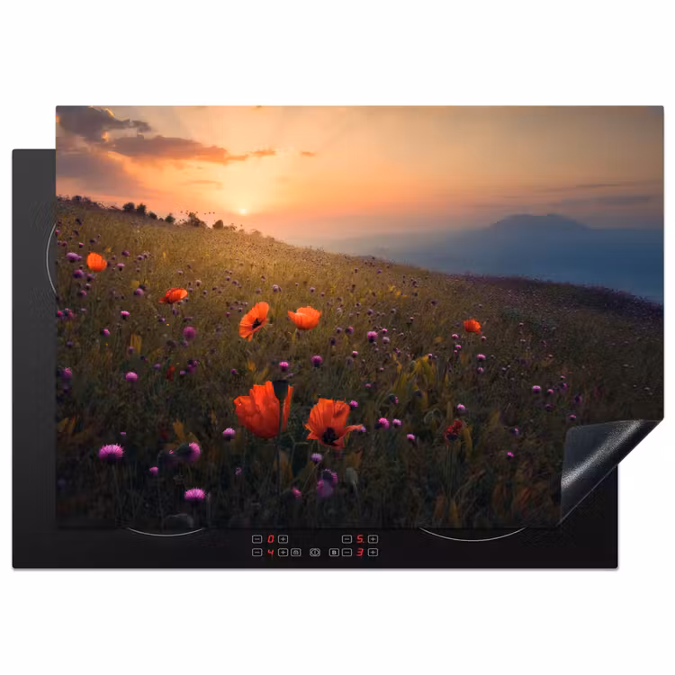 Bloemenveld - Gras - Bloemen - Planten - Zonsondergang - Oranje Inductie beschermer vinyl 3mm middel -3d