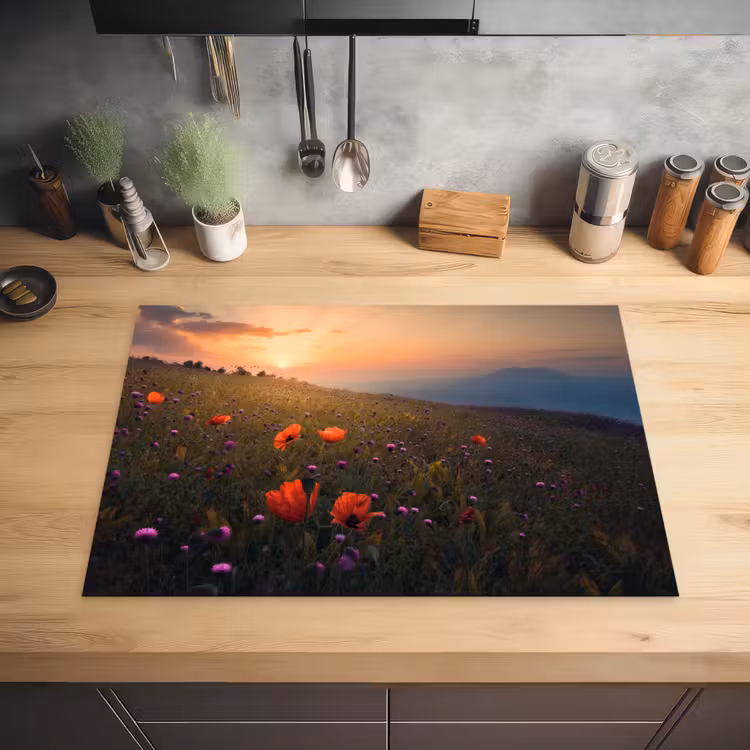 Bloemenveld - Gras - Bloemen - Planten - Zonsondergang - Oranje Inductie beschermer vinyl 3mm middel -sfeer5