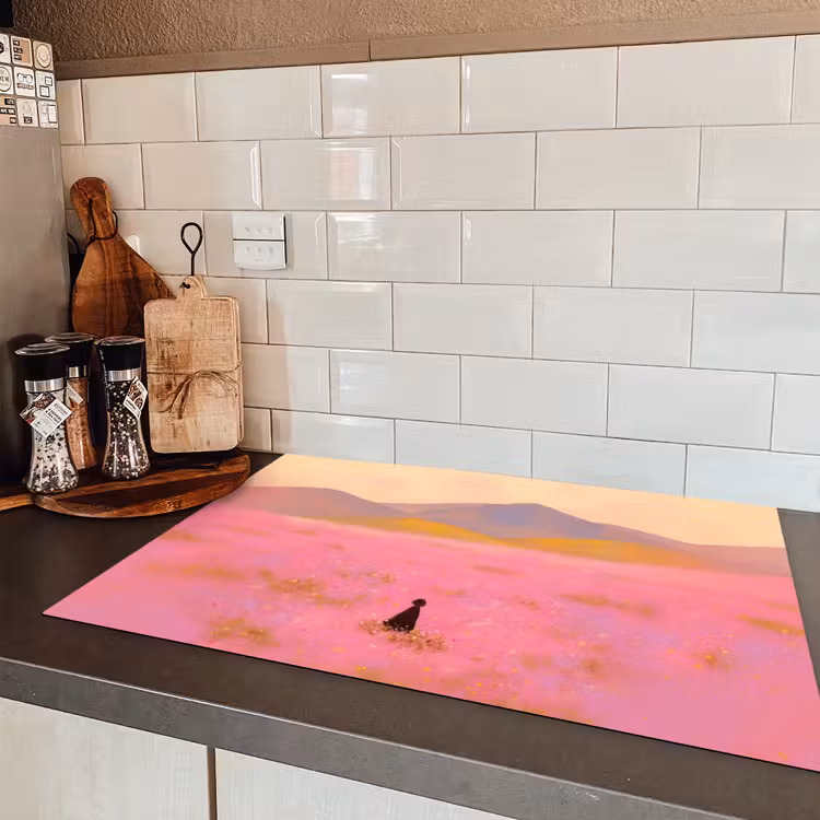 Bloemenweide - Heuvels - Silhouet - Roze Inductie beschermer vinyl 3mm klein -sfeer3