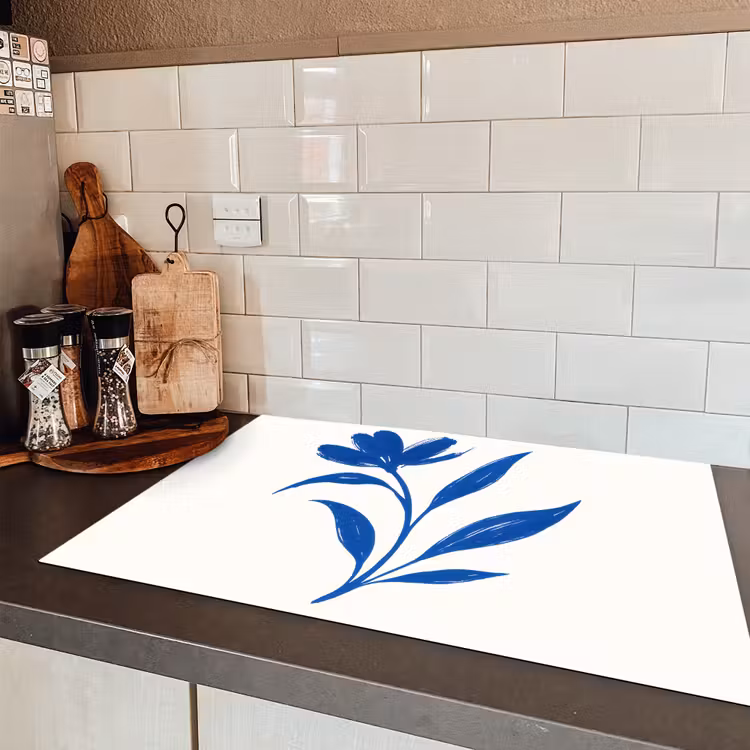 Bloem - Blaadjes - Minimalistisch - Blauw Inductie beschermer vinyl 3mm klein -sfeer3