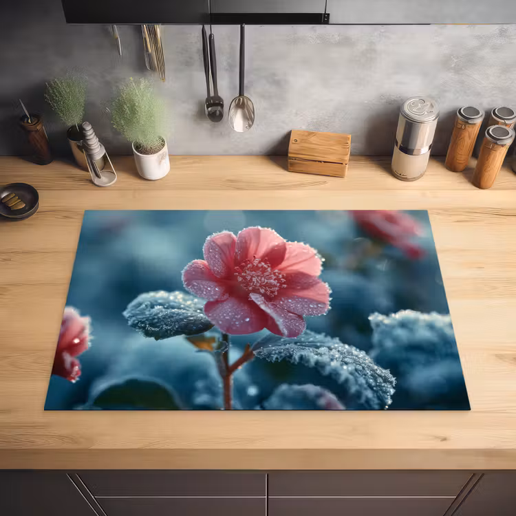 Bloem - Roze - Winter - Druppels Inductie beschermer vinyl 3mm klein -sfeer5