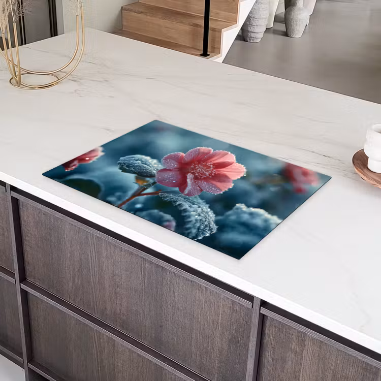 Bloem - Roze - Winter - Druppels Inductie beschermer vinyl 3mm klein -sfeer8