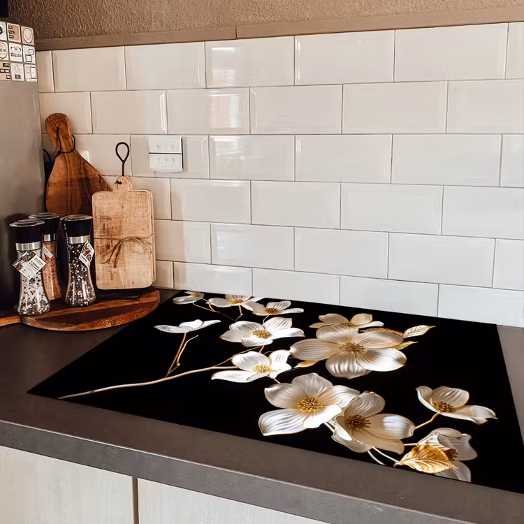 Bloem - Wit - Zwart Inductie beschermer vinyl 3mm klein -sfeer3