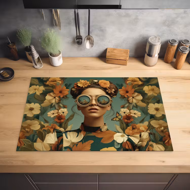Bloemenkrans - Vrouwengezicht - Zonnebril - Oranje Inductie beschermer vinyl 3mm klein -sfeer5
