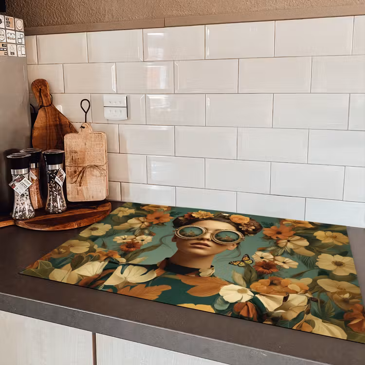 Bloemenkrans - Vrouwengezicht - Zonnebril - Oranje Inductie beschermer vinyl 3mm klein -sfeer3