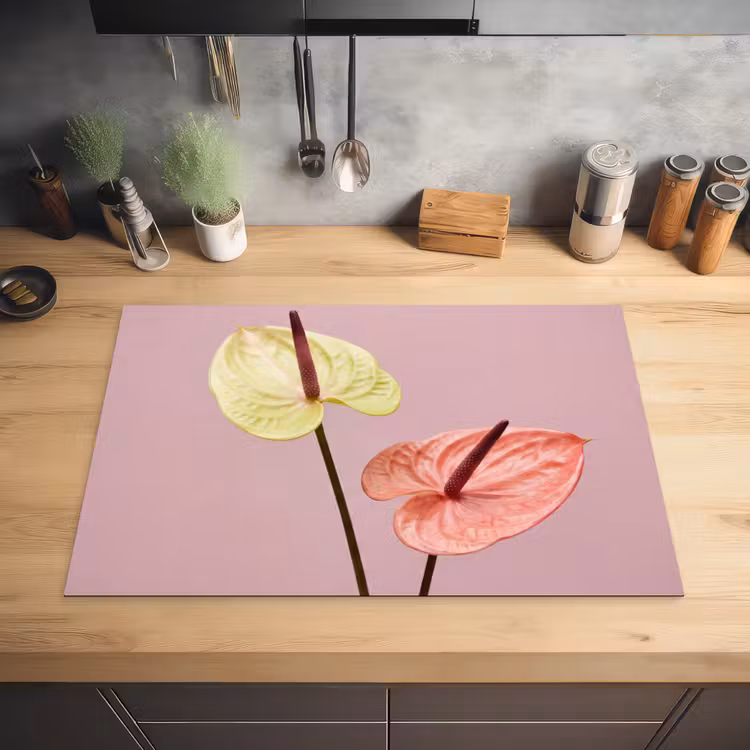 Bloemen - Anthuriums - Geel - Roze Inductie beschermer vinyl 3mm klein -sfeer5
