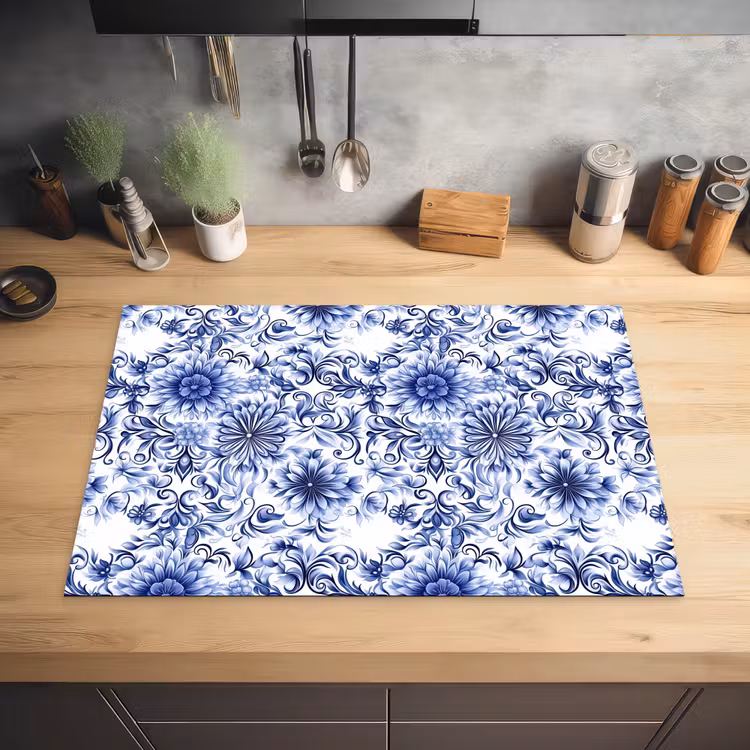 Bloemen - Blauw - Patroon - Wit Inductie beschermer vinyl 3mm klein 276 -sfeer5