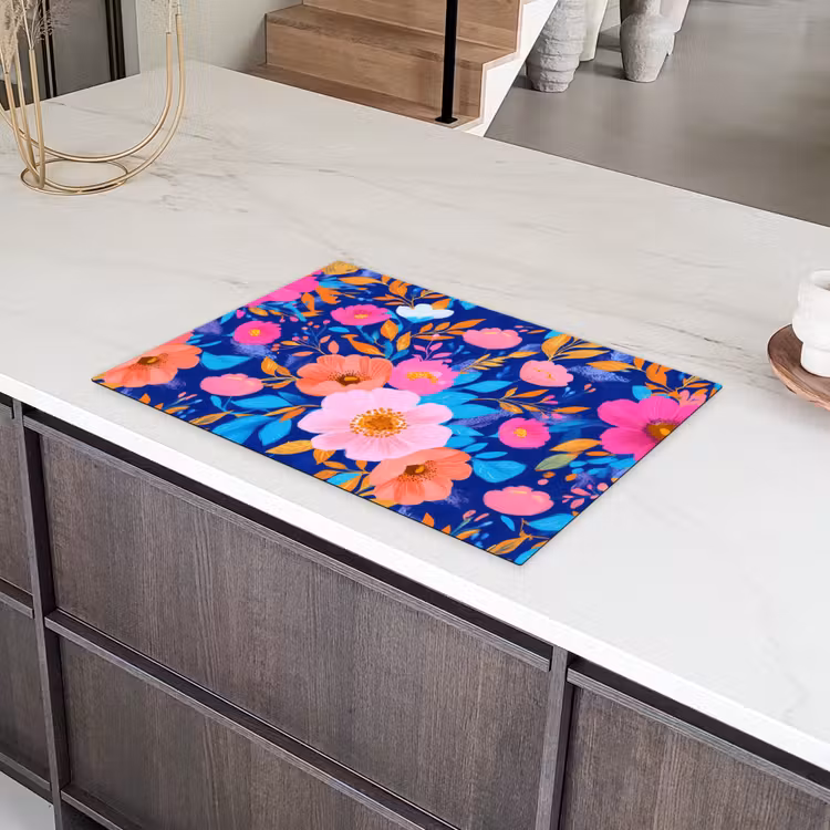 Bloemen - Blauw - Roze Inductie beschermer vinyl 3mm klein -sfeer8