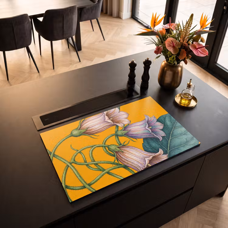 Induction Hob Cover - Flowers - Botanical - Yellow - Bloemen - Botanisch - Geel Inductie beschermer vinyl 3mm klein