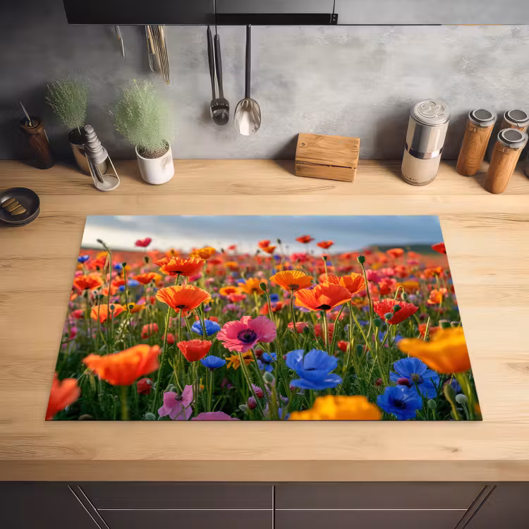 Bloemen - Kleurrijk - Bloemenveld - Planten - Oranje Inductie beschermer vinyl 3mm klein -sfeer5