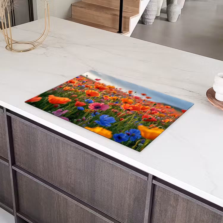 Bloemen - Kleurrijk - Bloemenveld - Planten - Oranje Inductie beschermer vinyl 3mm klein -sfeer8