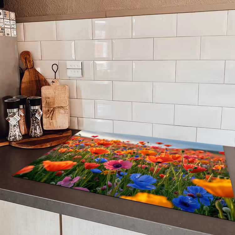 Bloemen - Kleurrijk - Bloemenveld - Planten - Oranje Inductie beschermer vinyl 3mm klein -sfeer3