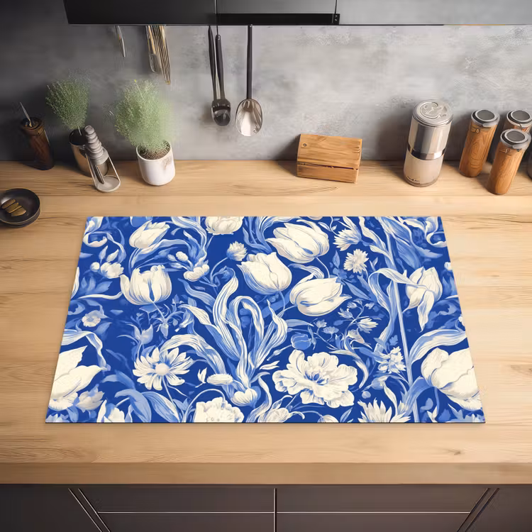 Bloemen - Delfts Blauw - Patroon - Tulp Inductie beschermer vinyl 3mm klein -sfeer5