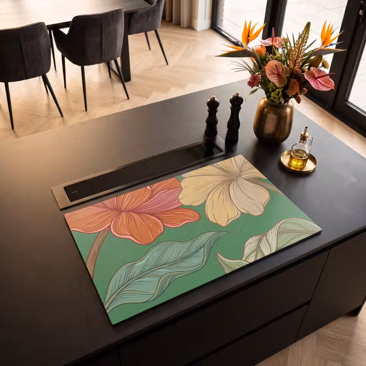 Induction Hob Cover - Flowers - Greenery - Illustration - Bloemen - Groen - Illustratie Inductie beschermer vinyl 3mm klein