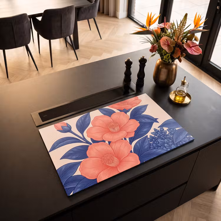 Induction Hob Cover - Flowers - Leaves - Botanical - Bloemen - Bladeren - Botanisch Inductie beschermer vinyl 3mm klein
