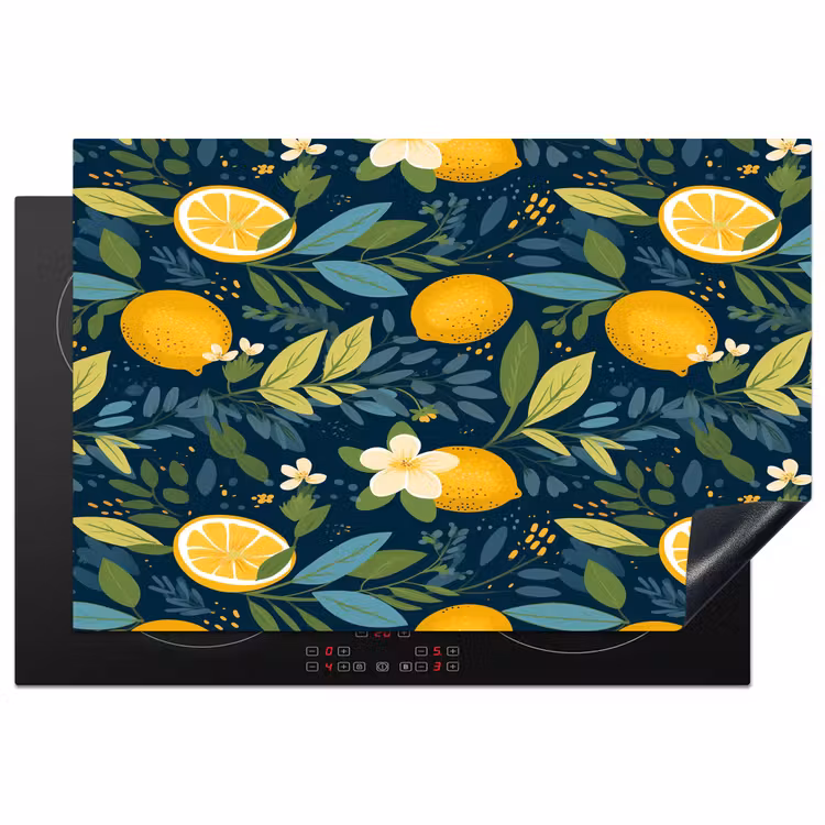 Bloemen - Bladeren - Citroenen - Blauw Inductie beschermer vinyl 3mm klein 276 -3d