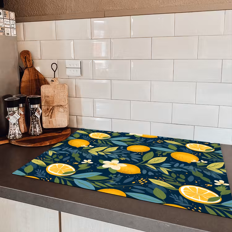 Bloemen - Bladeren - Citroenen - Blauw Inductie beschermer vinyl 3mm klein 276 -sfeer3