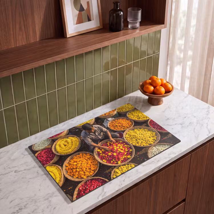 Induction Hob Cover - Flowers - Market - Colorful - Bloemen - Markt - Kleurrijk Inductie beschermer vinyl 3mm klein