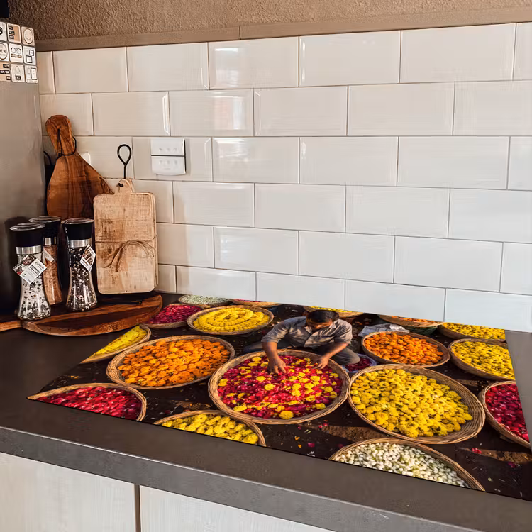 Induction Hob Cover - Flowers - Market - Colorful - Bloemen - Markt - Kleurrijk Inductie beschermer vinyl 3mm klein