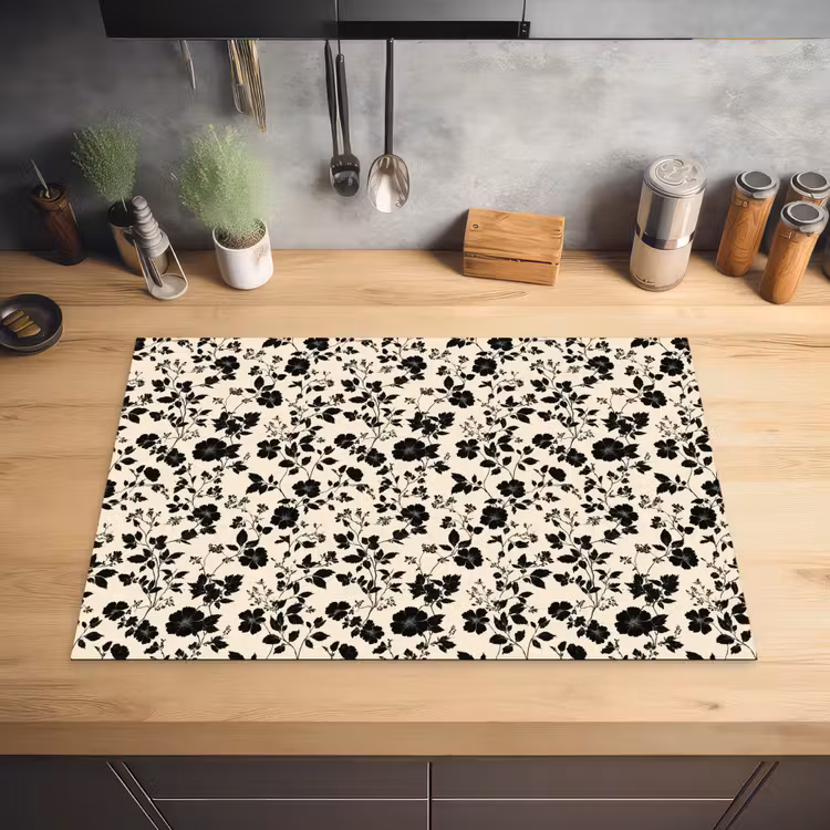 Bloemen - Dessin - Zwart Inductie beschermer vinyl 3mm klein 276 -sfeer5