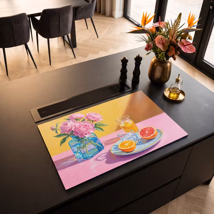 Induction Hob Cover - Flowers - Pink - Modern - Bloemen - Roze - Modern Inductie beschermer vinyl 3mm klein