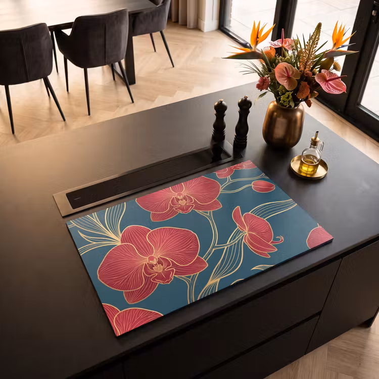 Induction Hob Cover - Flowers - Red - Gold - Bloemen - Rood - Goud Inductie beschermer vinyl 3mm klein