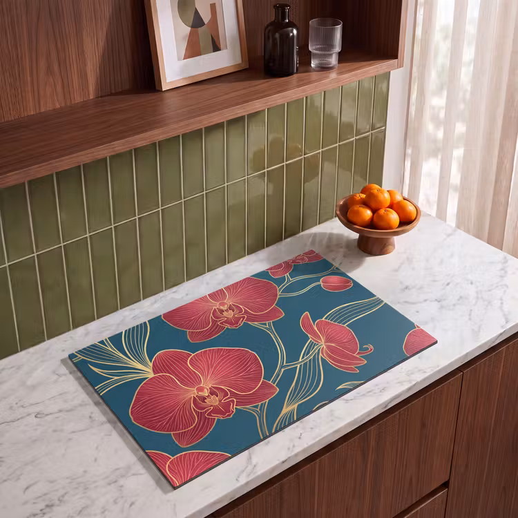 Induction Hob Cover - Flowers - Red - Gold - Bloemen - Rood - Goud Inductie beschermer vinyl 3mm klein