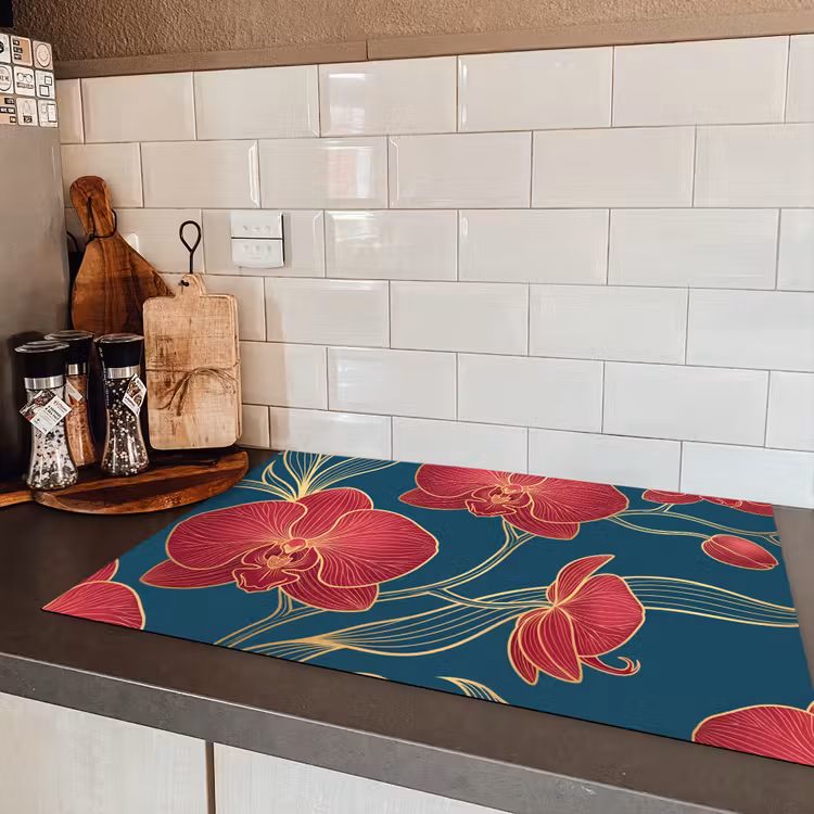 Induction Hob Cover - Flowers - Red - Gold - Bloemen - Rood - Goud Inductie beschermer vinyl 3mm klein