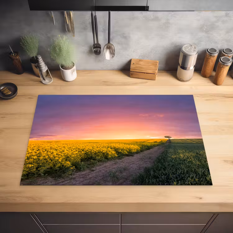 Bloemen - Weg - Lucht - Geel - Paars - Zonsondergang - Natuur Inductie beschermer vinyl 3mm klein -sfeer5
